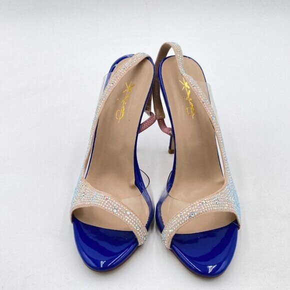 XYD Blue Rhinestones Open Toe Slingback High Heel Single Strap Clear Sandals - Picture 3 of 7